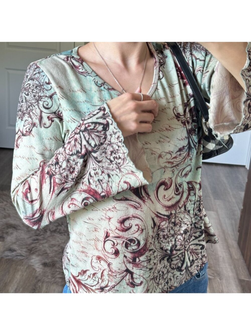Vintage Y2K Grunge Forest Fairy Ornate Bell Sleeve Shirt Womens PXL Indie Floral - Picture 2 of 9